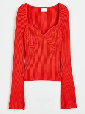 H&M Ribbed Sweetheart Neck Bell Sleeve Top